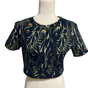 Navy Blue Leaf Print Crop Top